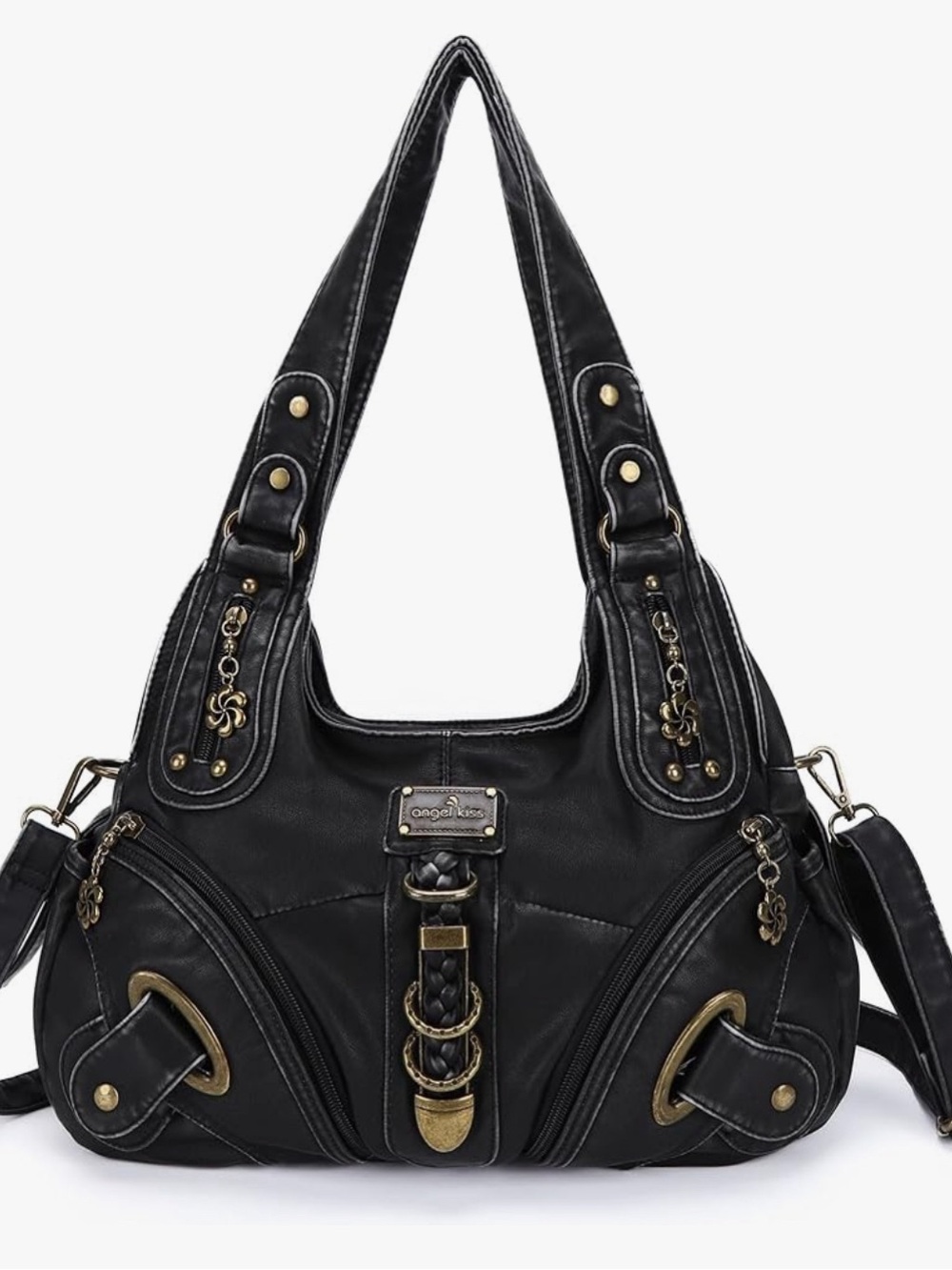 Angel Kiss Black Shoulder Bag with Gold Accents